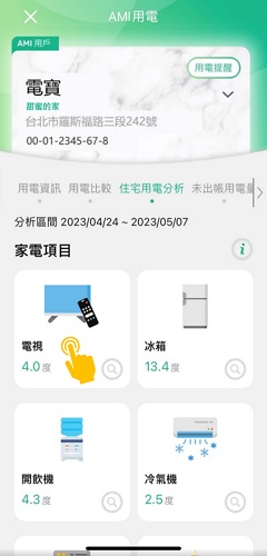 2-5-5 依問卷及用電資訊分析結果，顯示近2週各項家電推估用電量，點選家電可查看「節電建議」